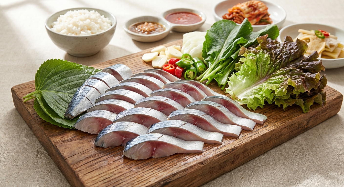 고등어 회와 쌈 채소 세팅