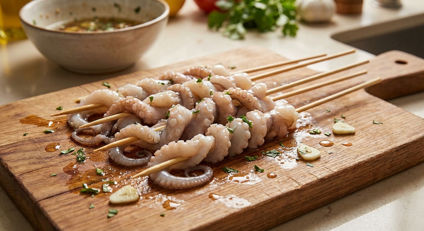 손질된 낙지가 꼬치에 감겨 있는 준비 단계