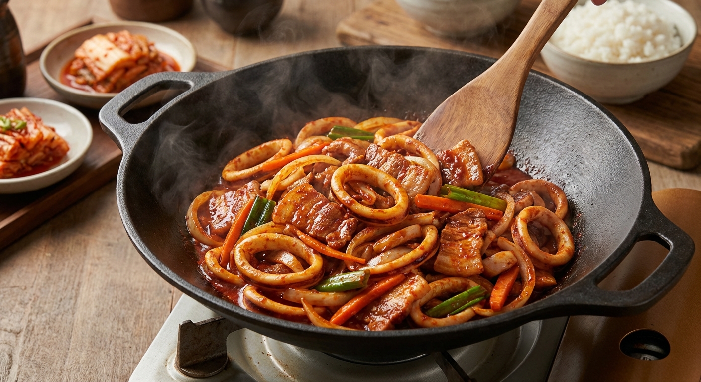 팬에서 볶고 있는 오삼 불고기