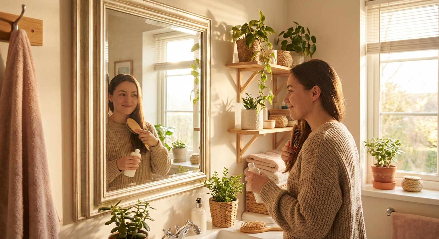 거울 앞에서 외모를 가꾸는 모습