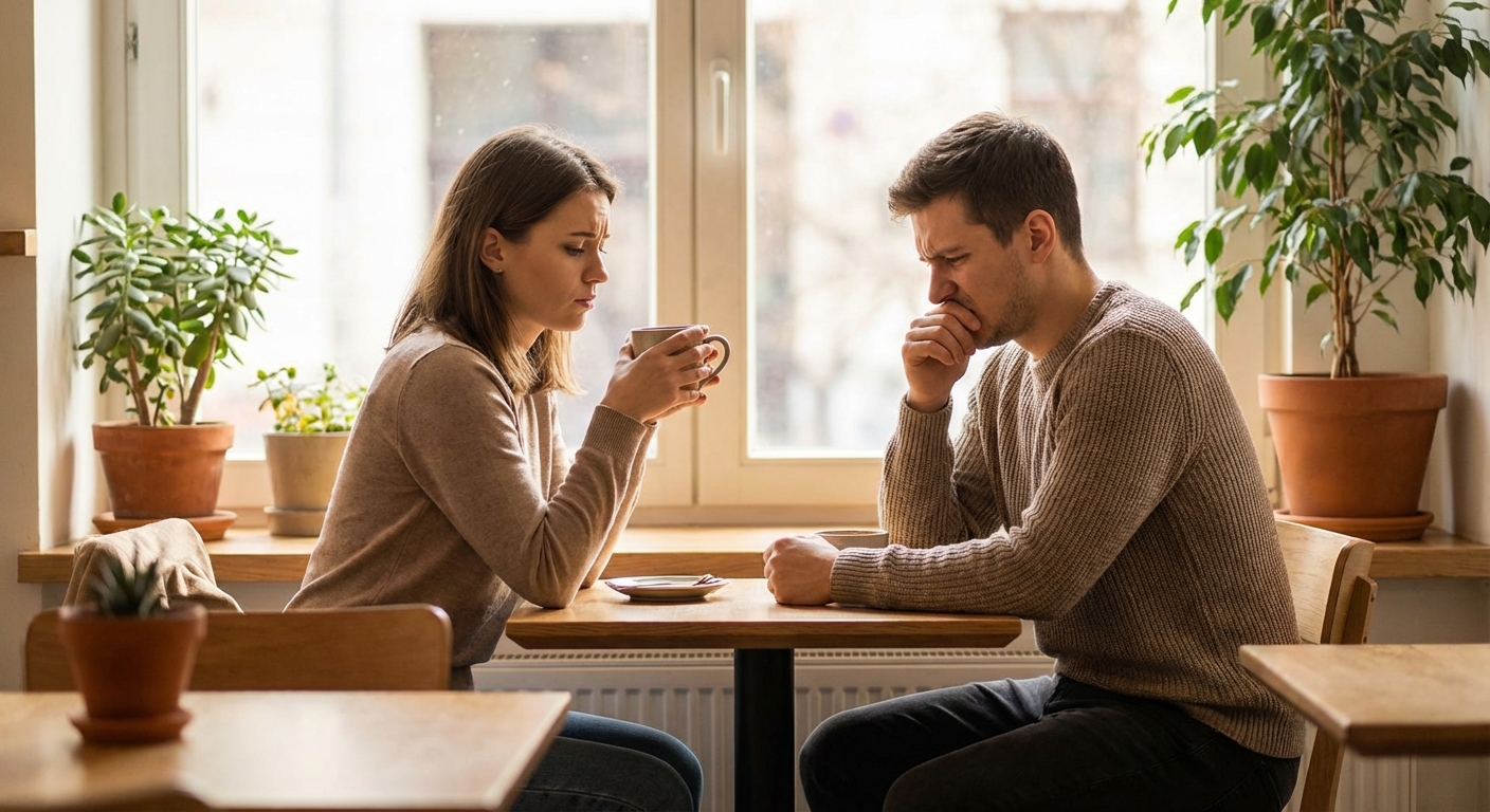 대화 중 불편한 표정을 짓는 커플