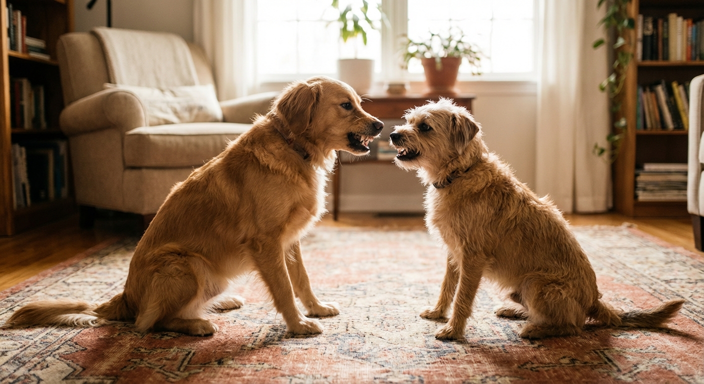 강아지들이 서로 으르렁거리는 장면