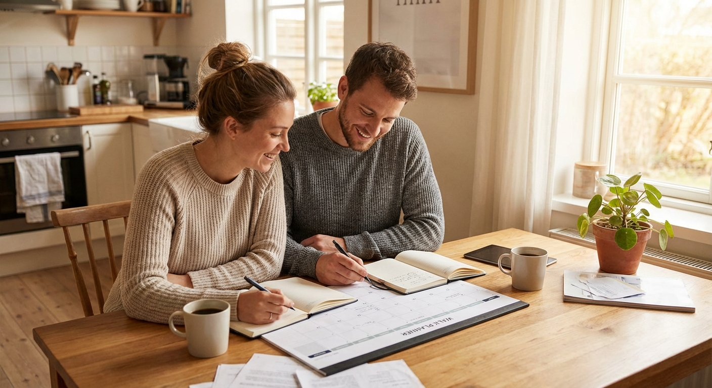 커플이 함께 계획표를 작성하는 모습