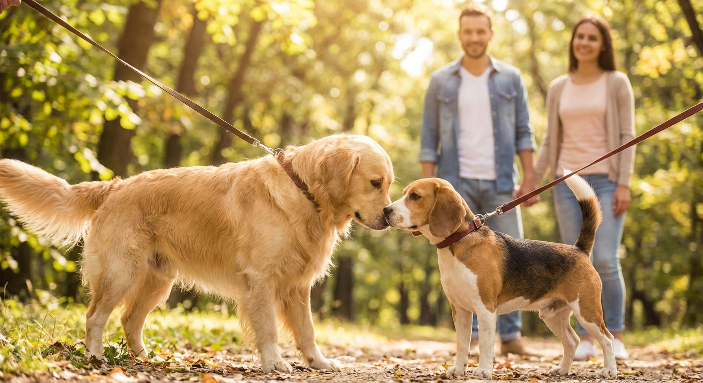 강아지들이 중립 공간에서 천천히 만나는 장면