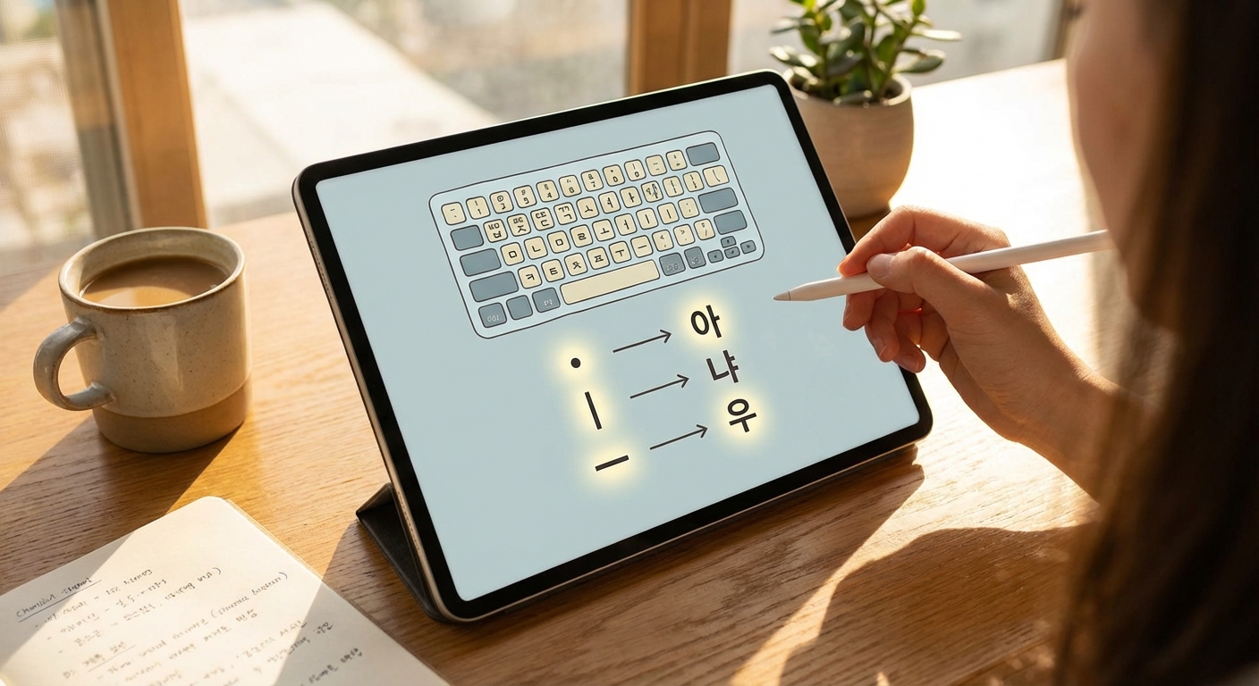 천지인 자판 배열과 모음 조합 원리 설명 그래픽