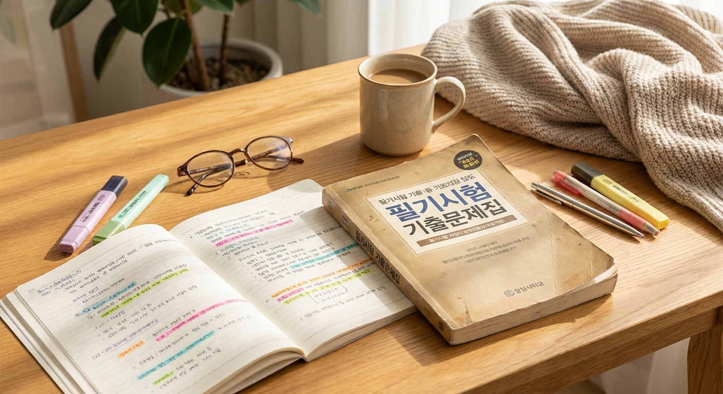 필기시험 기출문제집과 노트 정리 장면
