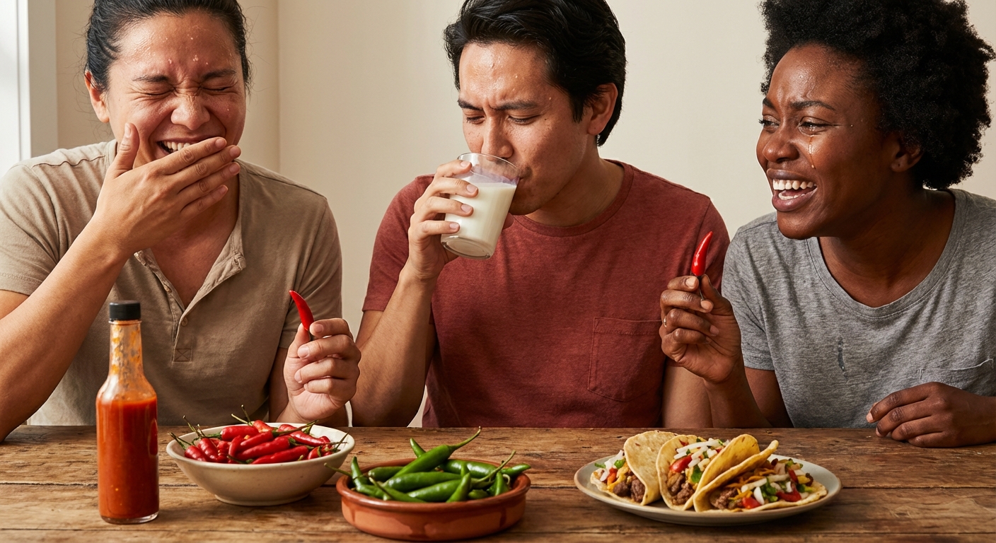 매운 고추를 먹고 반응하는 사람들의 표정
