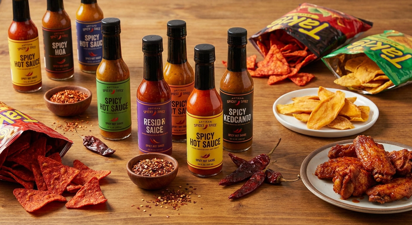 다양한 매운 소스와 매운 간식 제품들