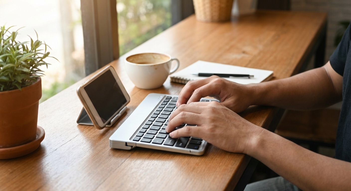 블루투스 휴대용 키보드와 스마트폰을 함께 사용하는 모습