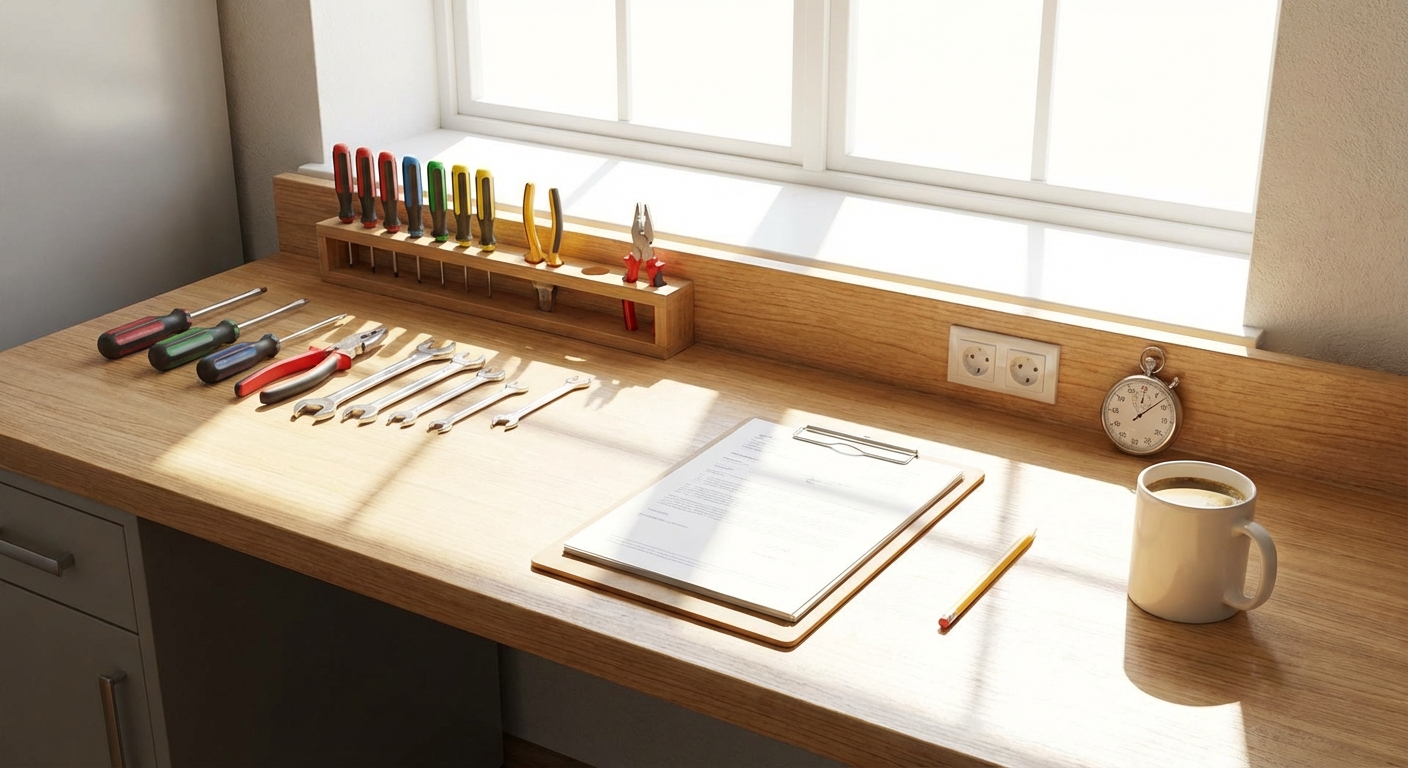 시험장 작업대와 준비된 공구들