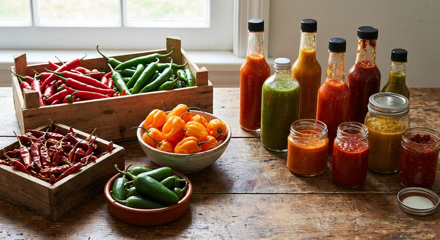 다양한 고추와 매운 소스들이 진열된 모습