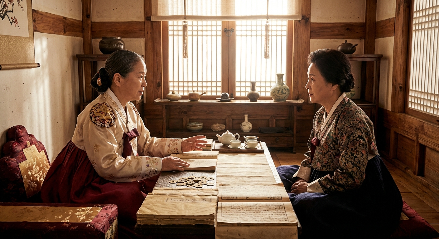 전통 한복 차림의 사주 상담 장면