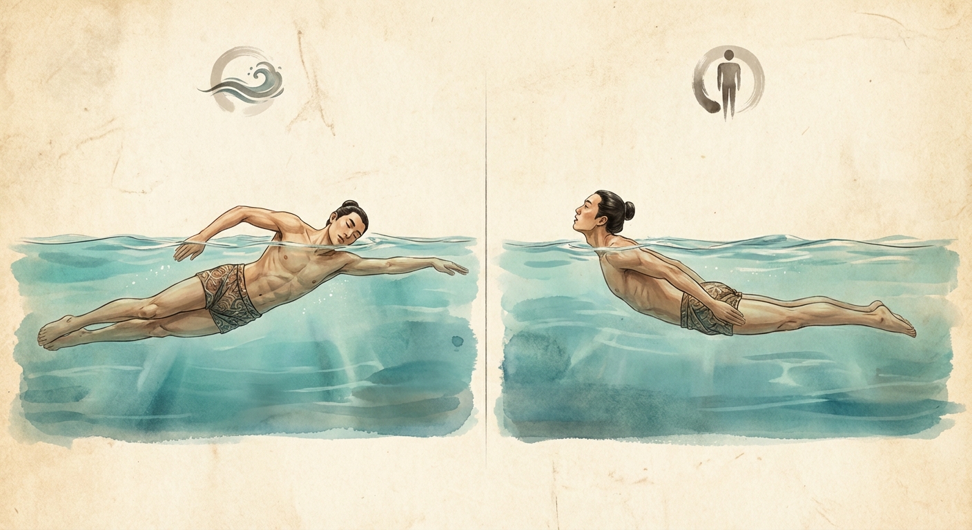 자유형 호흡 시 고개 각도와 몸 회전 동작 비교 일러스트