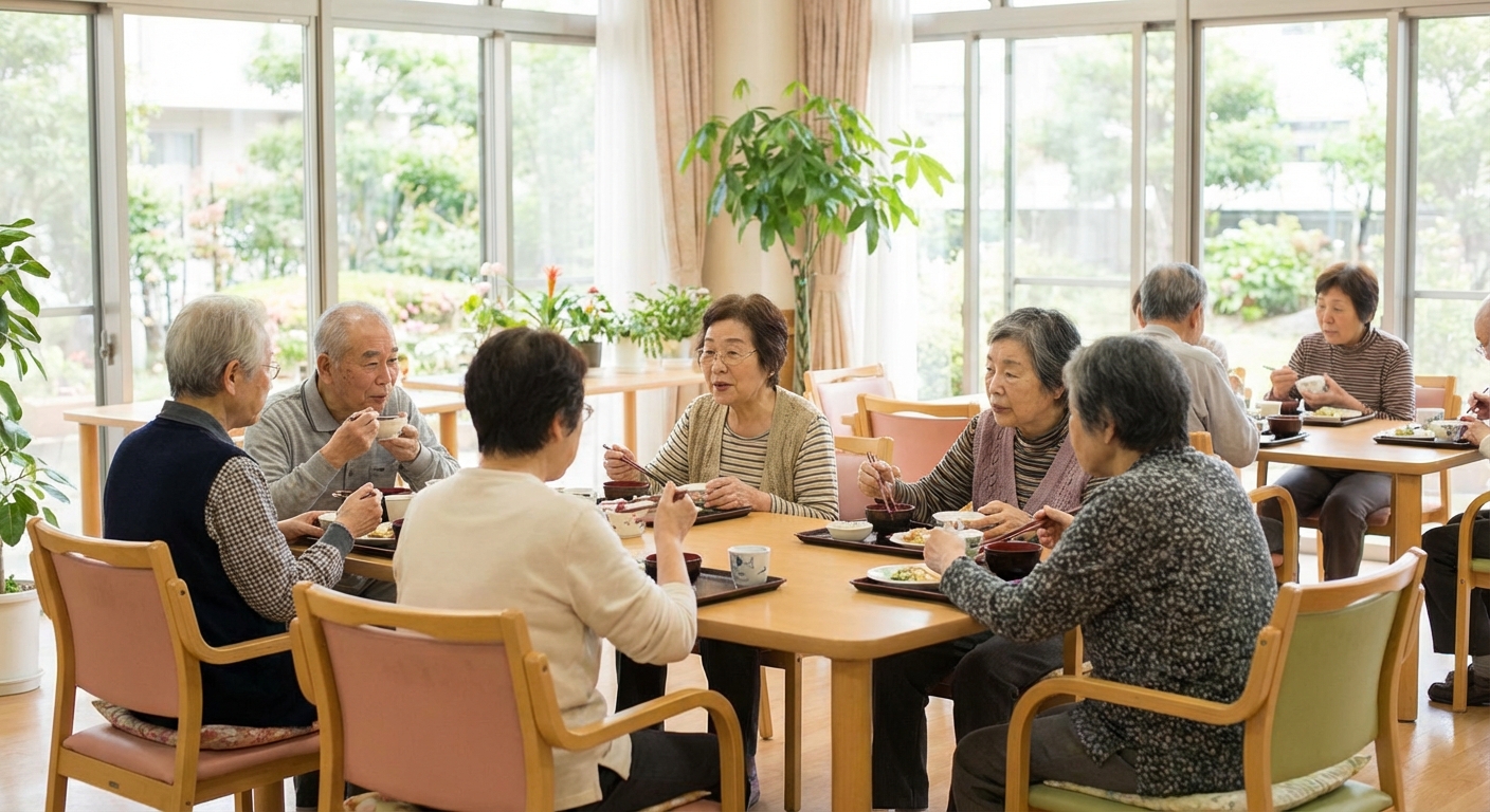 실버타운 식당에서 식사하는 노인들